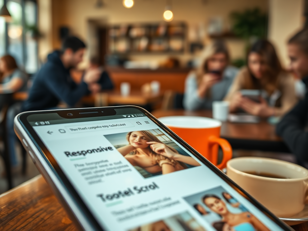 A smartphone displays a website in a cafe, with people engaged in conversation and using their devices in the background.