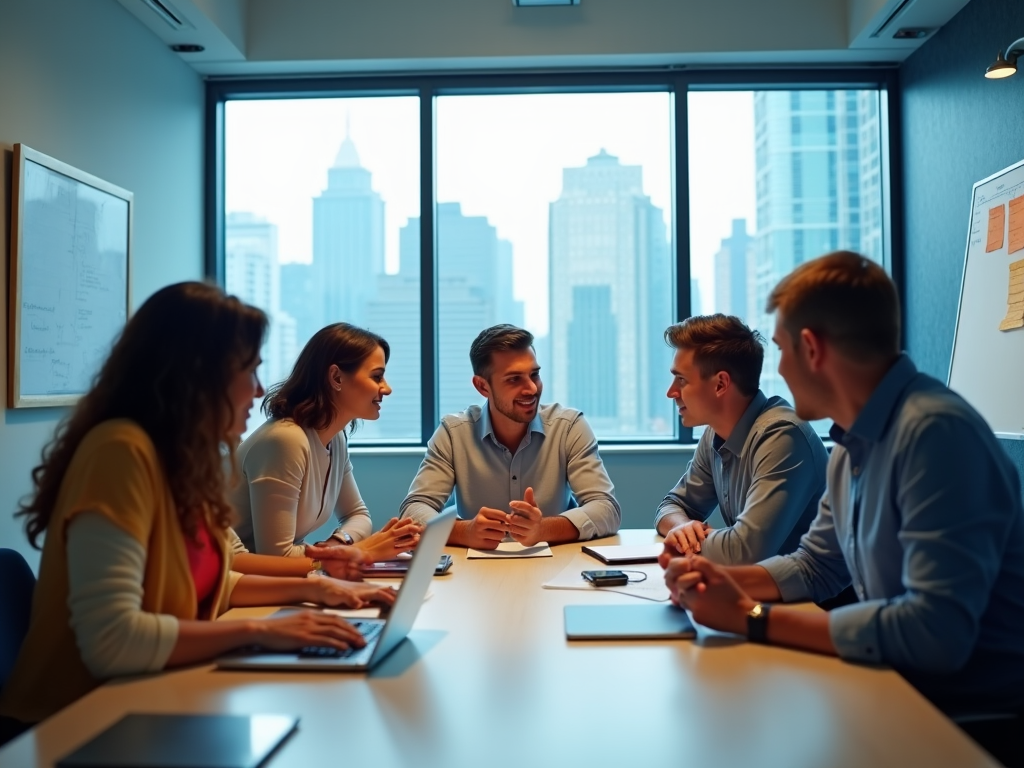 Group of five professionals in a meeting room with cityscape in the background.