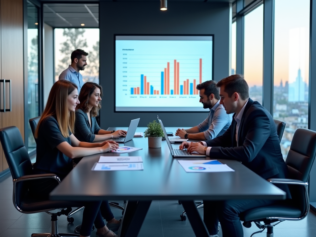 Five professionals in a modern office, analyzing charts on a screen and laptops during a meeting.