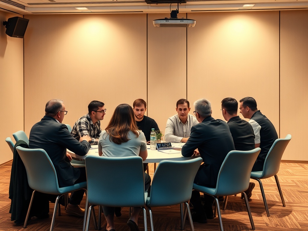 A group of eight people sits around a table discussing, with a projector in the background and a plant at the center.