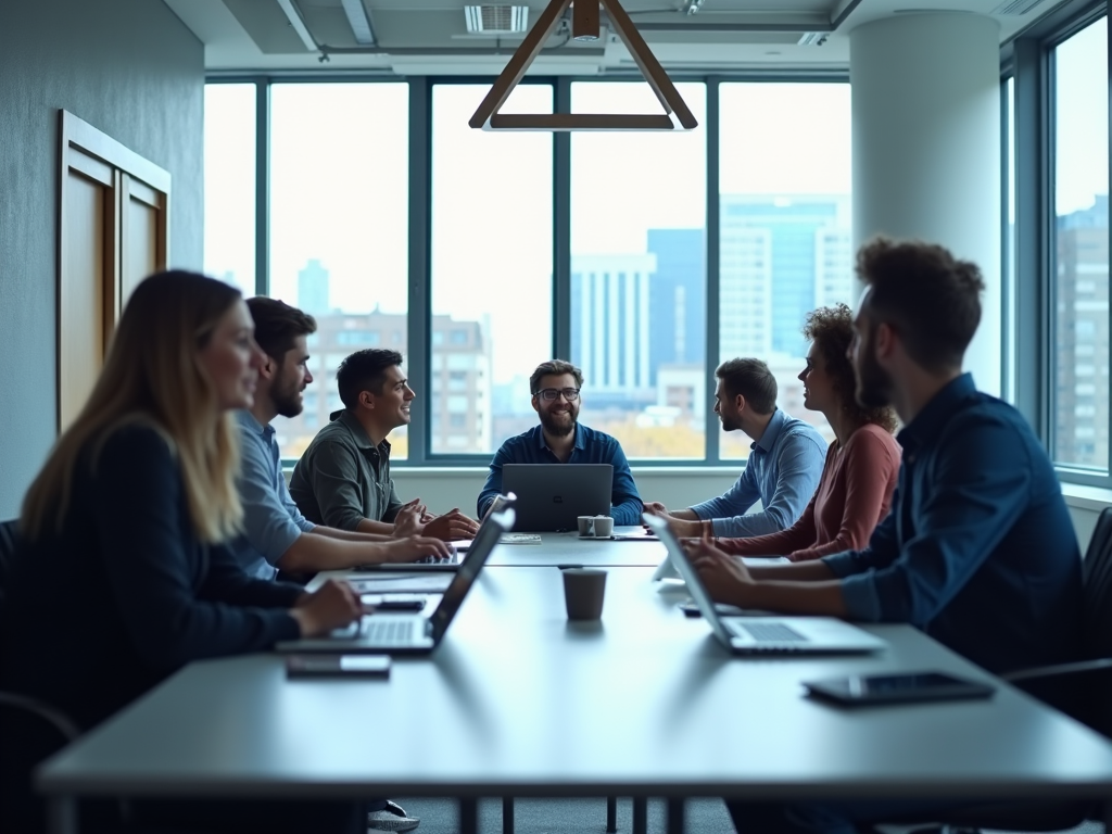 Group of professionals in a meeting at a conference table with laptops, in a modern office with large windows.