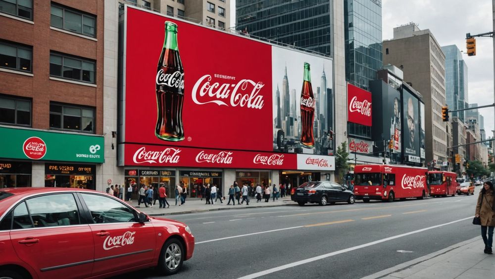 Уличный вид с огромными рекламными щитами Coca-Cola и автобусами в красном цвете.